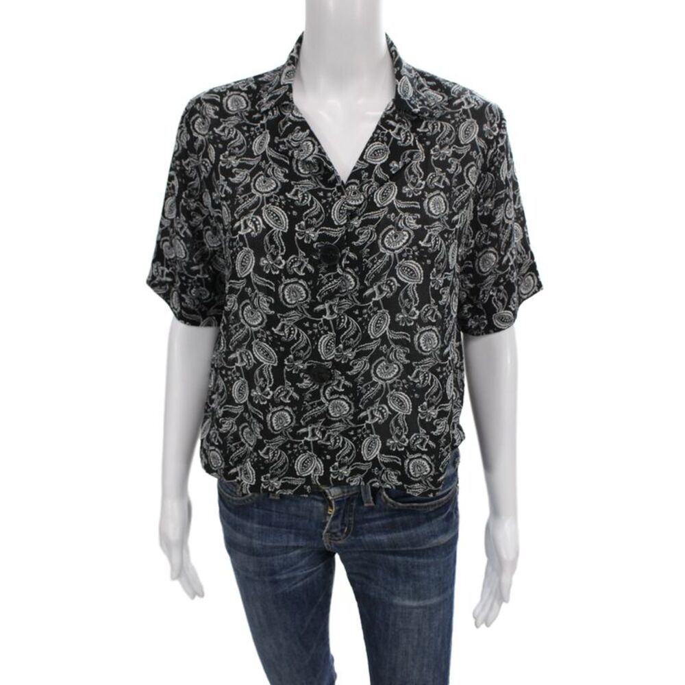 Muze Womens Black Paisley Collared Button Up Blouse Short Sleeve Viscose Size M